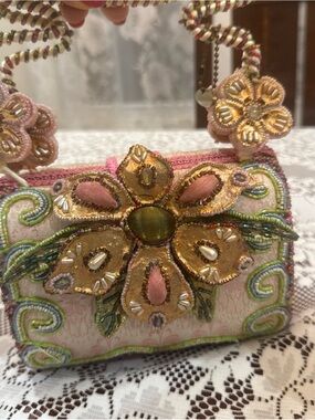 Vintage Mary Frances Pink Beige Flower bag Purse Handbag
